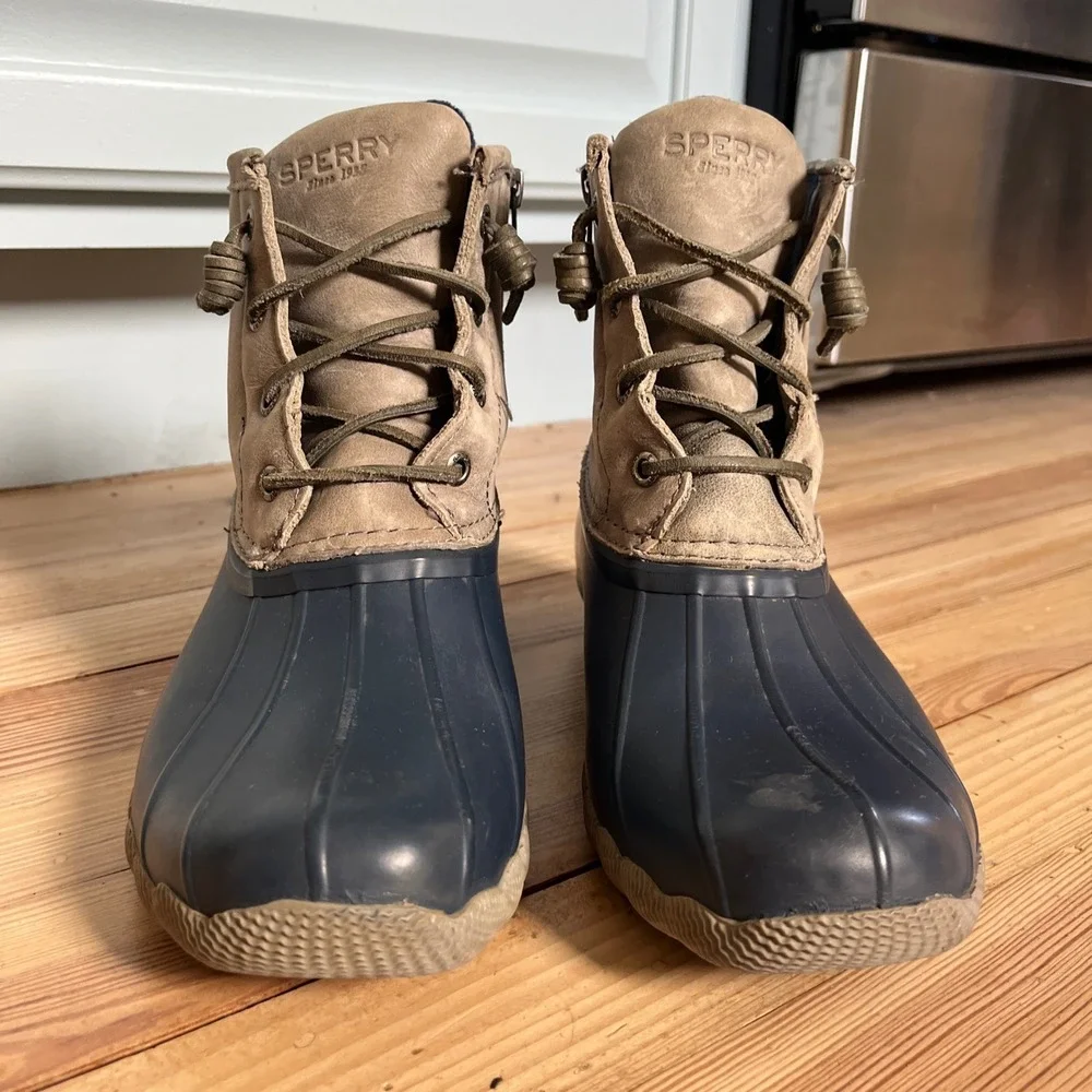 Sperry Womens Duck Boots Navy Rubber Leather Lace Up Waterproof Top‎ Sider Rain